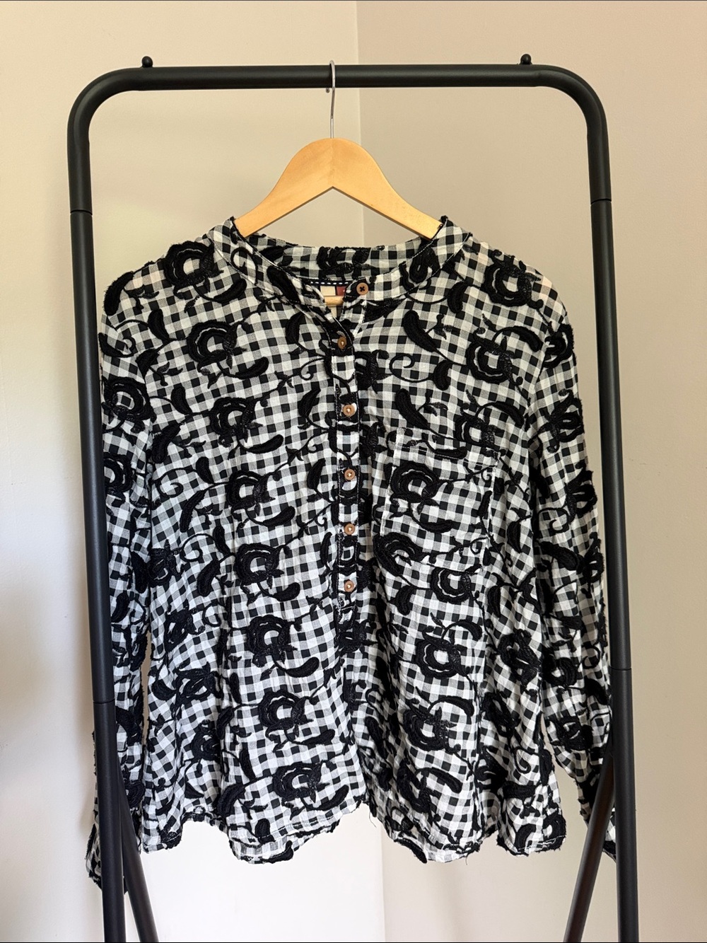 Anthropologie Pilcro Whitney Trapeze Embroidered Black Gingham Check Top